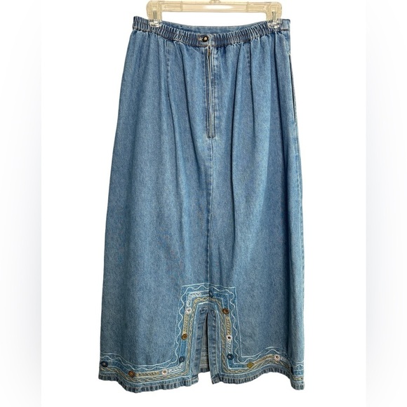 VTG Denim Maxi Skirt Small Elastic Waist Embroidered Y2K Modest Cottagecore 90's - Picture 4 of 13